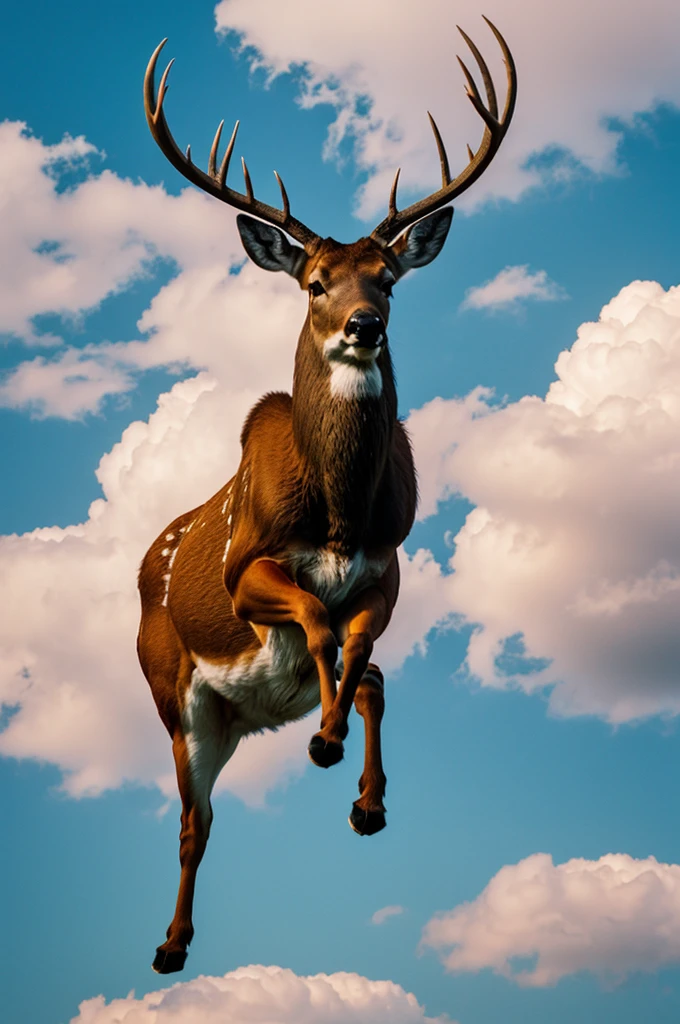 Draw a deer, who jumps on the clouds. There are cherries on his feet