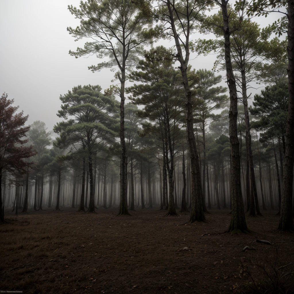 A dark, misty forest with twisted, leafless trees and faint, glowing eyes peering from the shadows