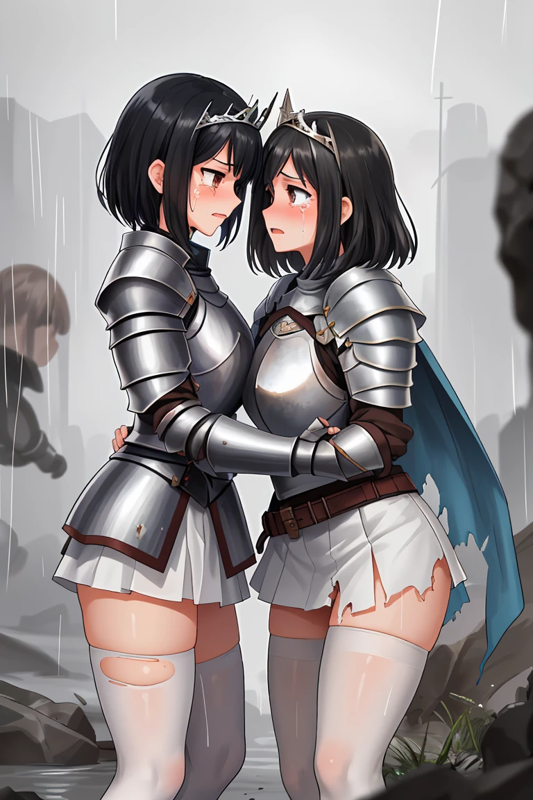 female knight armor tiara Black Hair Shortcuts Torn white miniskirt Torn white tights battlefield In combat Holding back tears White panties sisters apart in age Height difference heavy rain