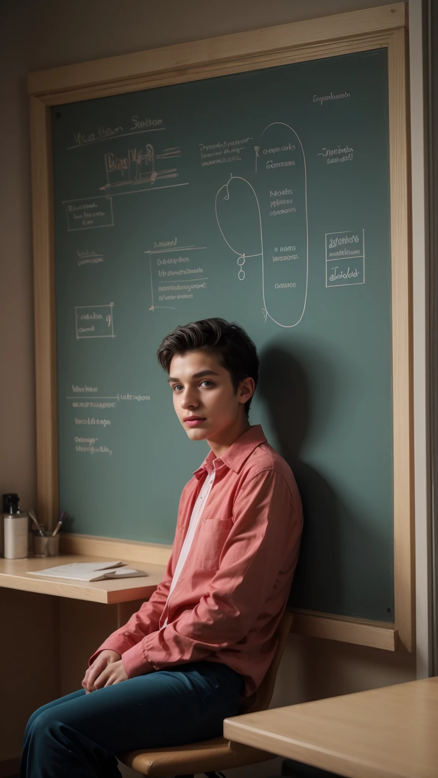 A young, cute, beautiful male twink with a face with make-up and red lips. He has black hair. He is wearing a long-sleeved, pink shirt and aqua blue pants. He is in his scientific office, sitting, and behind him is a blackboard with chemical reactions and blood cells written on it. He looks proudly, and his eyes have dark circles underneath them.