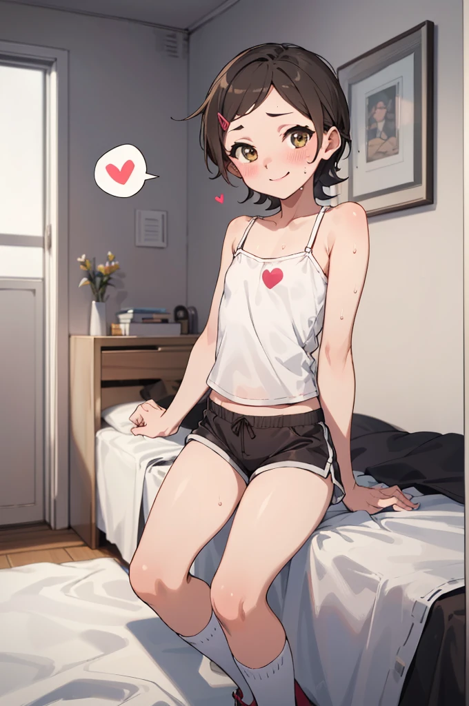 masterpiece, best quality, absurdres,
1girl, , sweating, blush, ,my room,camisole,, shorts,socks,looking viewer,smile,spoken heart,,(petite),flat chest,thigh,
