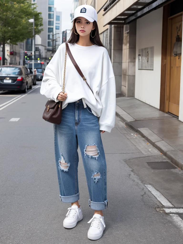 「Casual and stylish street fashion woman。Oversized sweatshirt and distressed jeans、Wearing white sneakers。Crossbody bag、Wearing a cap。Background is an urban street corner。