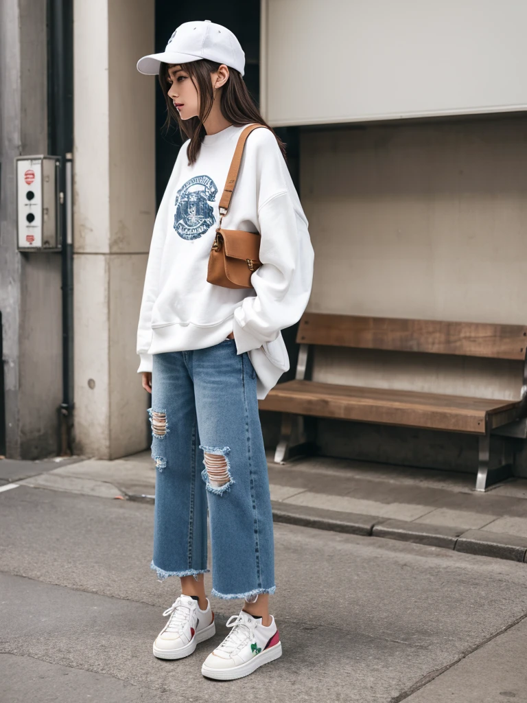 「Casual and stylish street fashion woman。Oversized sweatshirt and distressed jeans、Wearing white sneakers。Crossbody bag、Wearing a cap。Background is an urban street corner。