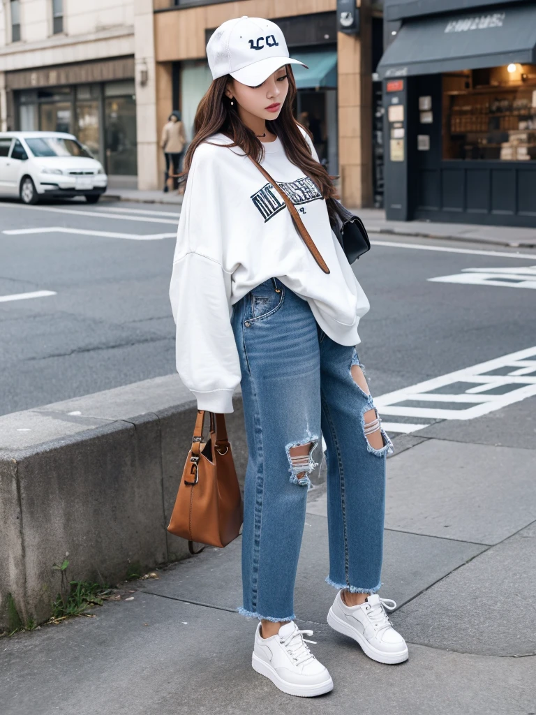 「Casual and stylish street fashion woman。Oversized sweatshirt and distressed jeans、Wearing white sneakers。Crossbody bag、Wearing a cap。Background is an urban street corner。