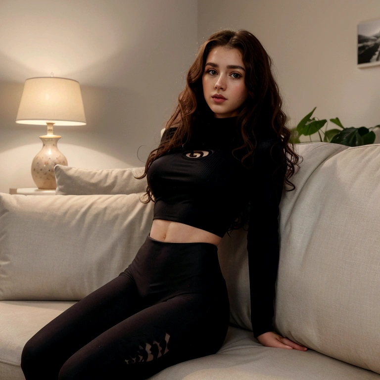 ultra realistic, 4K, photos professionnelles, fille de 22 ans, fille noire, big curly hair, high resolution, detailed face, legging , crop top , head of'artwork, (lighting), (1 only), home interior on a sofa realistic background, realistic photos