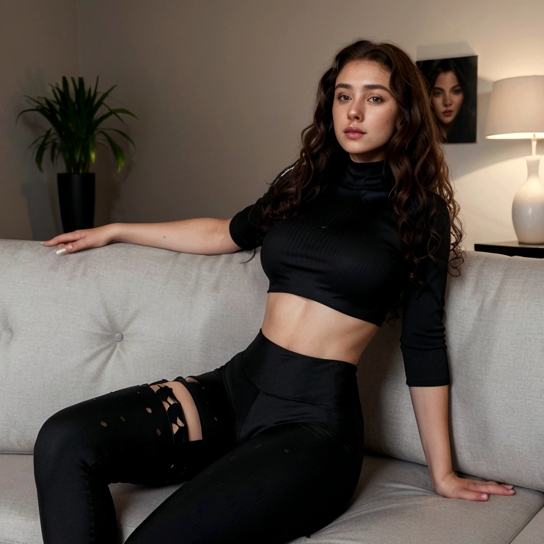ultra realistic, 4K, photos professionnelles, fille de 22 ans, fille noire, big curly hair, high resolution, detailed face, legging , crop top , head of'artwork, (lighting), (1 only), home interior on a sofa realistic background, realistic photos