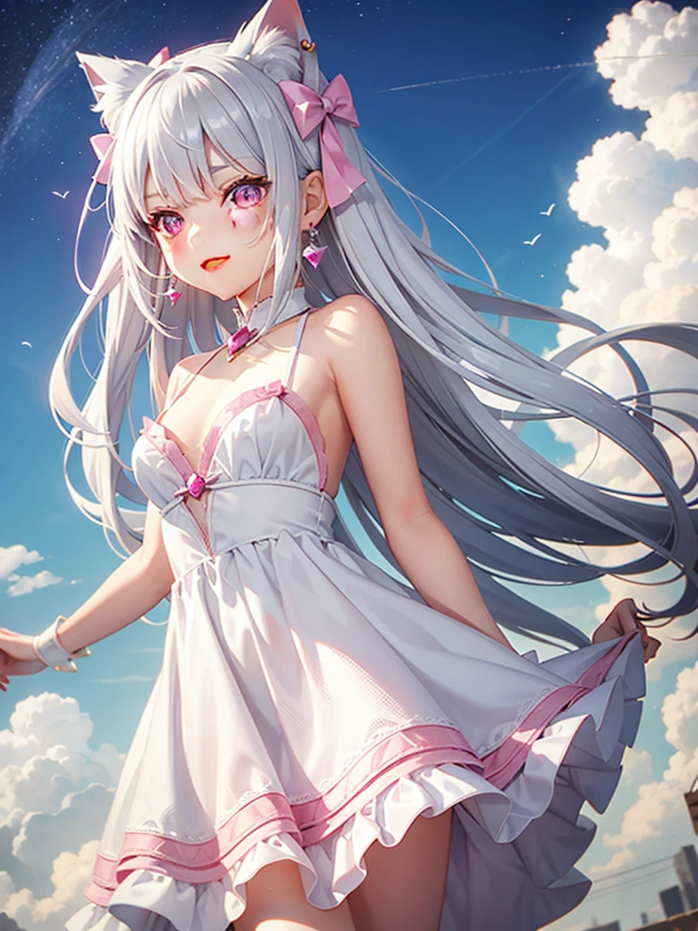 Silver hair, pink eyes, body, cat ears, girl, earrings, sky background fantasy, princess, godly, hair bows, happy face, pink dress
