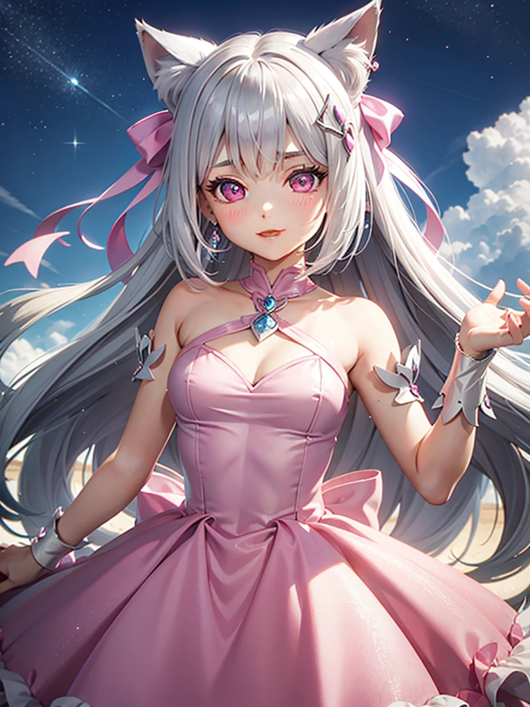 Silver hair, pink eyes, body, cat ears, girl, earrings, sky background fantasy, princess, godly, hair bows, happy face, pink dress