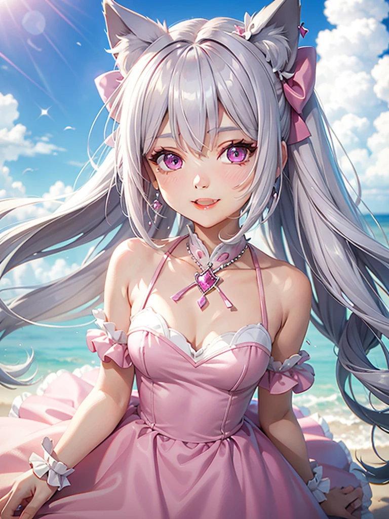 Silver hair, pink eyes, body, cat ears, girl, earrings, sky background fantasy, princess, godly, hair bows, happy face, pink dress