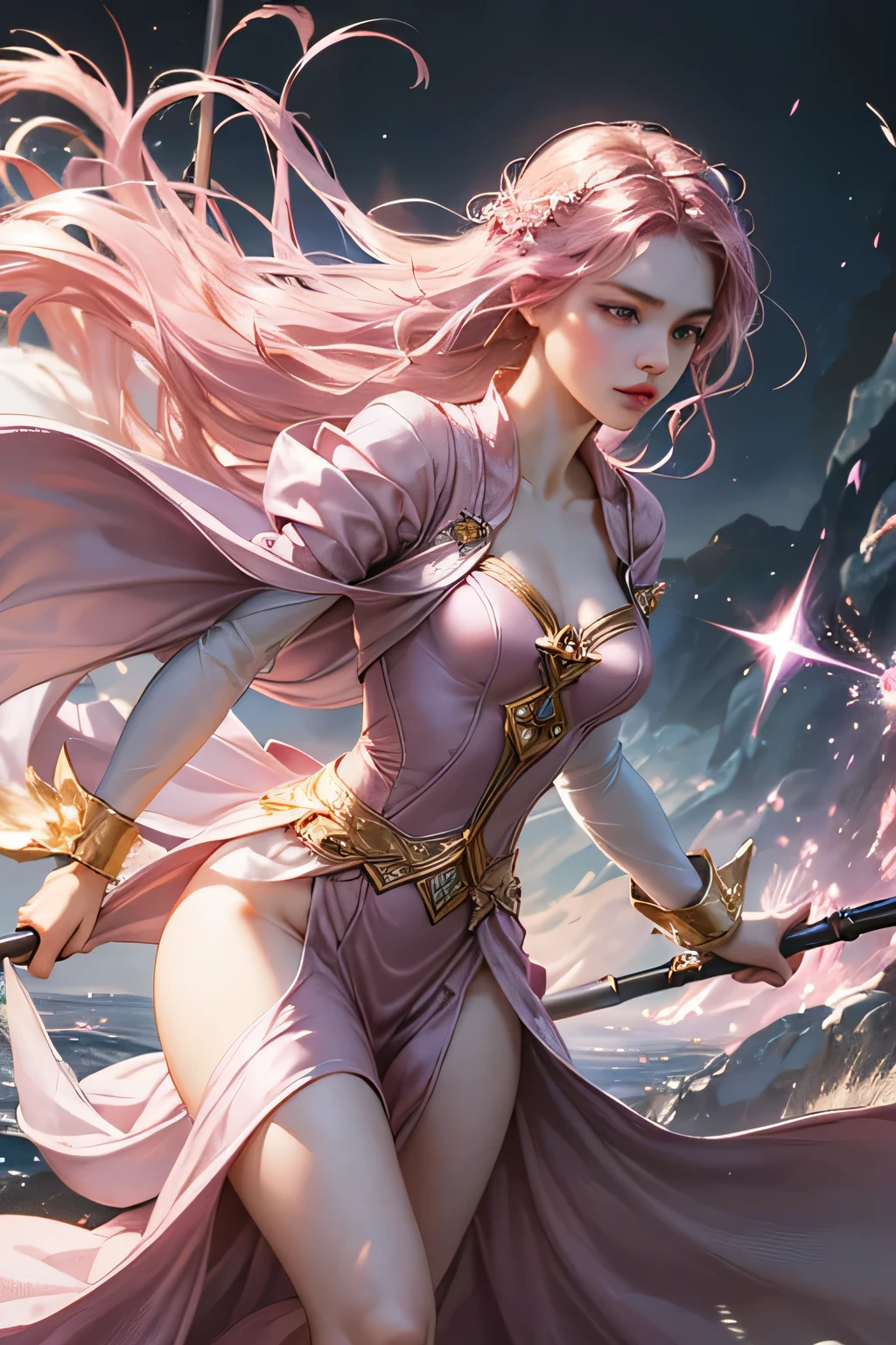 "Create an ultra-realistic image of a stunning 18-year-old girl holding an air magical staff that exudes the energy of the wind and sky. She should be dressed in a sophisticated, ((((((dark pink)))))) shaded outfit that contrasts beautifully with her airy element. Depict her surrounded by elements of air, such as swirling breezes, floating feathers, and gentle currents, to highlight her command over this element. Include a distinct air symbol on her body, signifying her role as the keeper of air and illustrating the powerful, ethereal energy of air she holds within her."