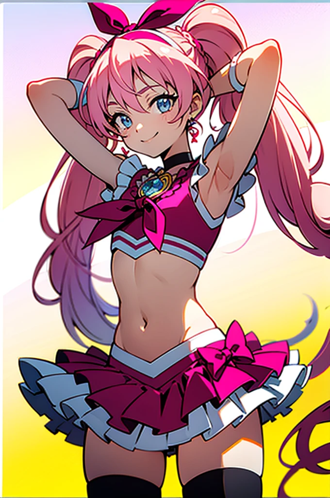 cure melody, navel, pink hair ribbon:1.2, hairband, pink thighhighs, pink shoes, wrist cuffs, twintails, gem, frills, anime coloring, best quality,  looking at viewer, solo, contrapposto, spread armpit, arms behind head, smile, looking at viewer, (cowboy shot:1.5), closed mouth, night sky, beach,