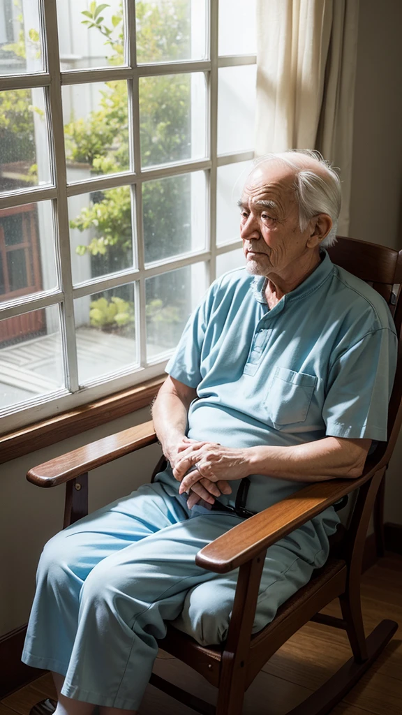 An old man sitting in a rocking chair with a sad expression, looking far out the window in a nursing home, reminds of lost time and opportunities.