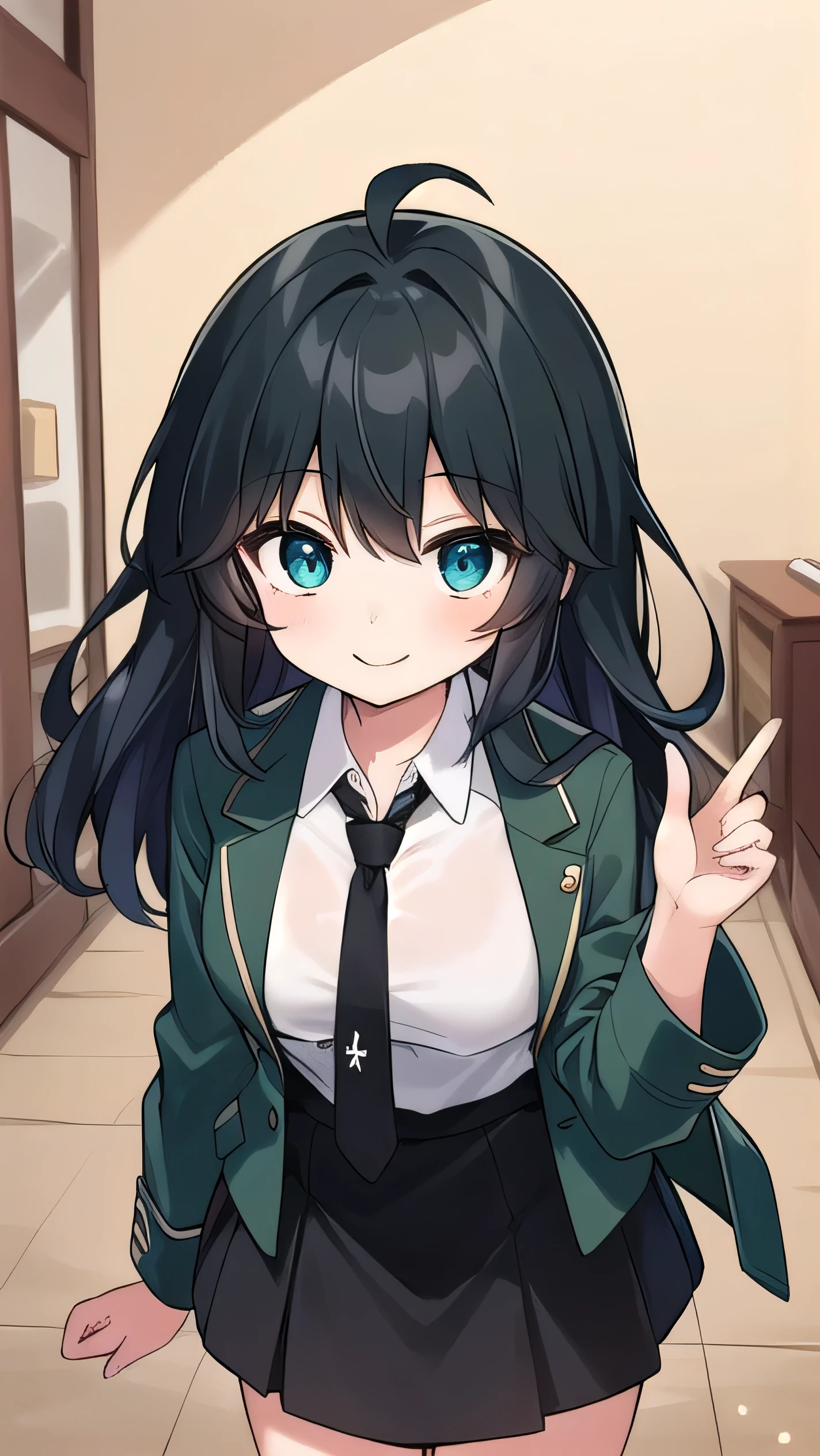 Junior high school student who looks like an elementary school student, , very short, 140 cm tall, black hair with a slight green tinge, short ahoge, beautiful long hair but with a little hair sticking out, beautiful round eyes, blue eyes, smile, boyish, long sleeves, Thick clothes, skirt, big breasts, hair longer than waist, long hair, childish face, gentle smile, a little shy, black skirt, black hair with a slight green tinge, boyish, gentle smile, jacket one size larger, ( Deep greenish black hair: 1.3), dark green jacket, white shirt, (tie:1.5), black skirt