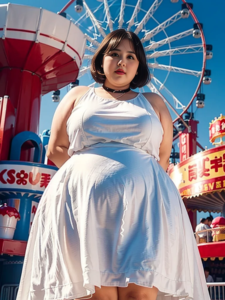 1 girl, obese body, big size, round face, double chin, overweight,Shoulder length Fluffy short hair , white dress，holding her weight on her stomach and looking at the camera，Amusement Park, Ferris Wheel, bbw, curvy, chubby, plump, pudgy, obese