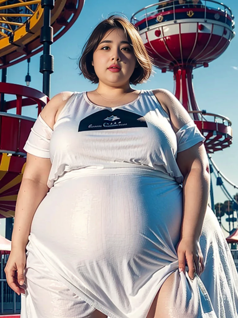 1 girl, obese body, big size, round face, double chin, overweight,Shoulder length Fluffy short hair , white dress，holding her weight on her stomach and looking at the camera，Amusement Park, Ferris Wheel, bbw, curvy, chubby, plump, pudgy, obese