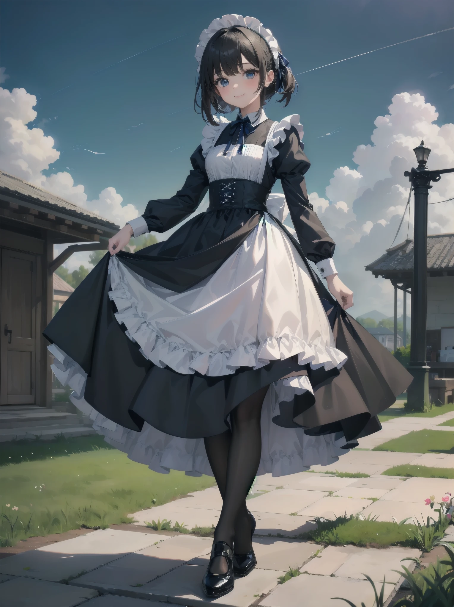 ((Very fine, Very fine CG Unity 8k Wallpaper, High Resolution, Absurd, Beautiful fine details, Very fine hair)), ((Masterpiece)), Outdoors, Sky, Clouds, Grass, ((Beautiful fine details)), Fashionable, One Girl, A smiling under the stars, a toddler wearing a maid hat with ruby accessories, she is wearing a white and black gothic maid dress with navy blue ribbon. Black stockings, black shoes, cute, super cute toddler maid