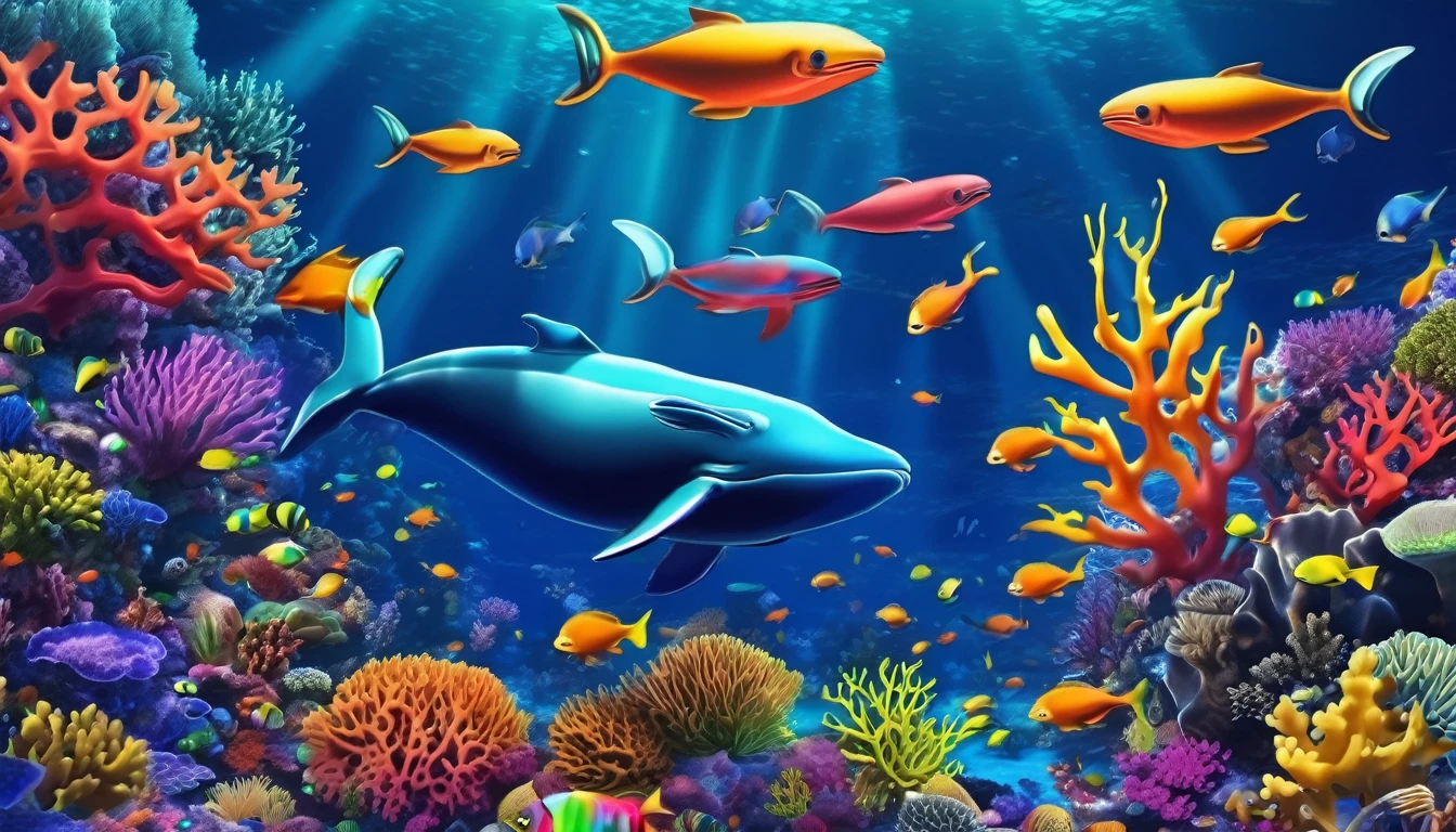 detailed colorful coral reef, underwater scene, high resolution, no people, underwater lighting, ocean floor, sharp focus, vibrant cartoon fish, magnificent whales swimming