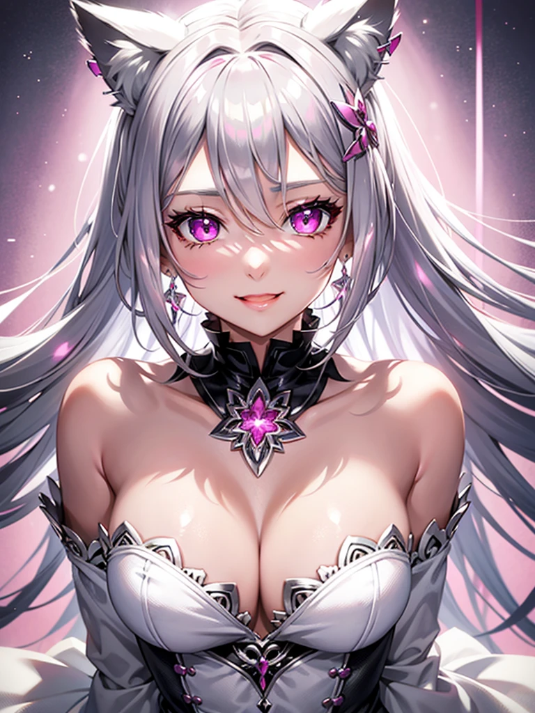 Silver hair, pink eyes, body, cat ears, girl, earrings, light background fantasy, princess, godly, hair bows, happy face, red pink dress