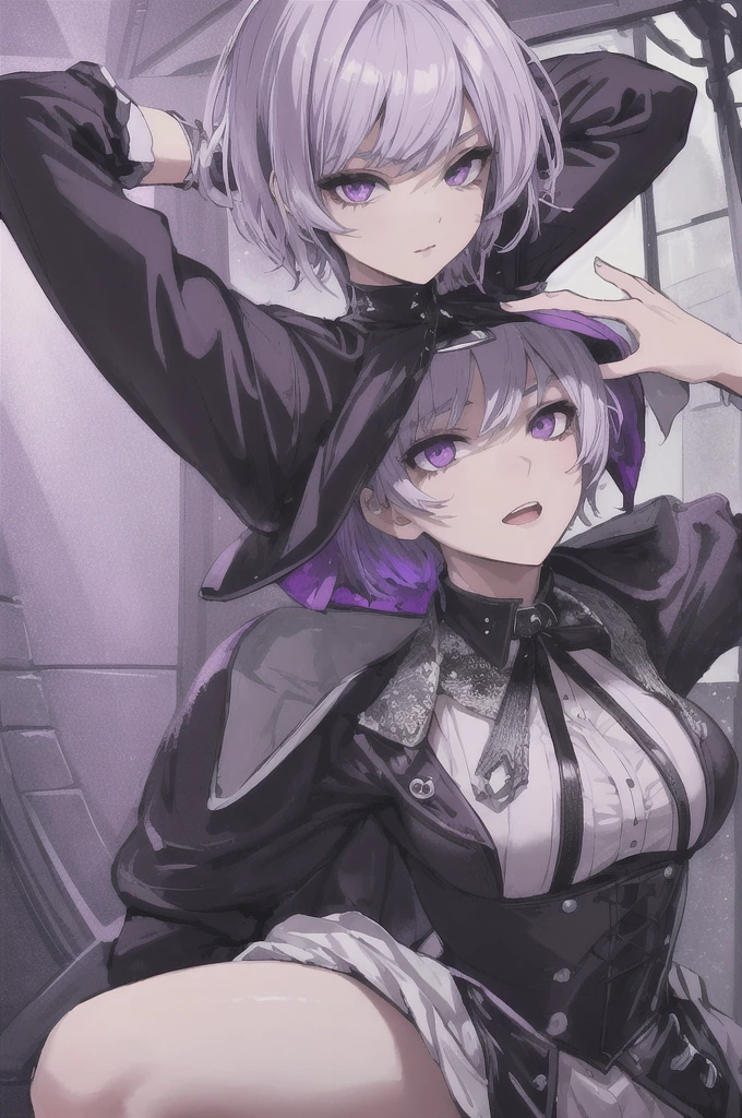 girl with short white hair, purple eyes, black short dress with purple lighting around her, highly detailed high contrast hd masterpiece of best quality in high resolution