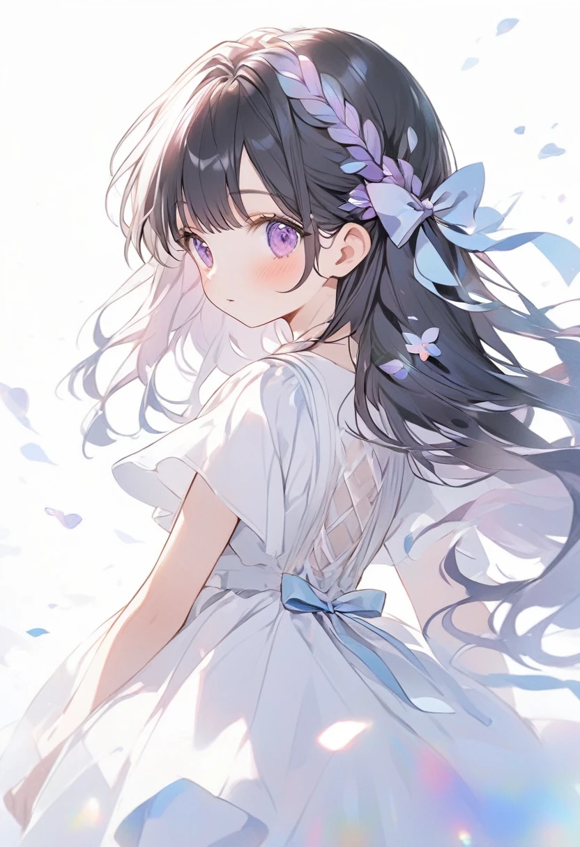 One Girl、cute、Black Hair、Purple mesh、Long Hair、Purple eyes、White Dress、Light blue ribbon、Looking back、White background、