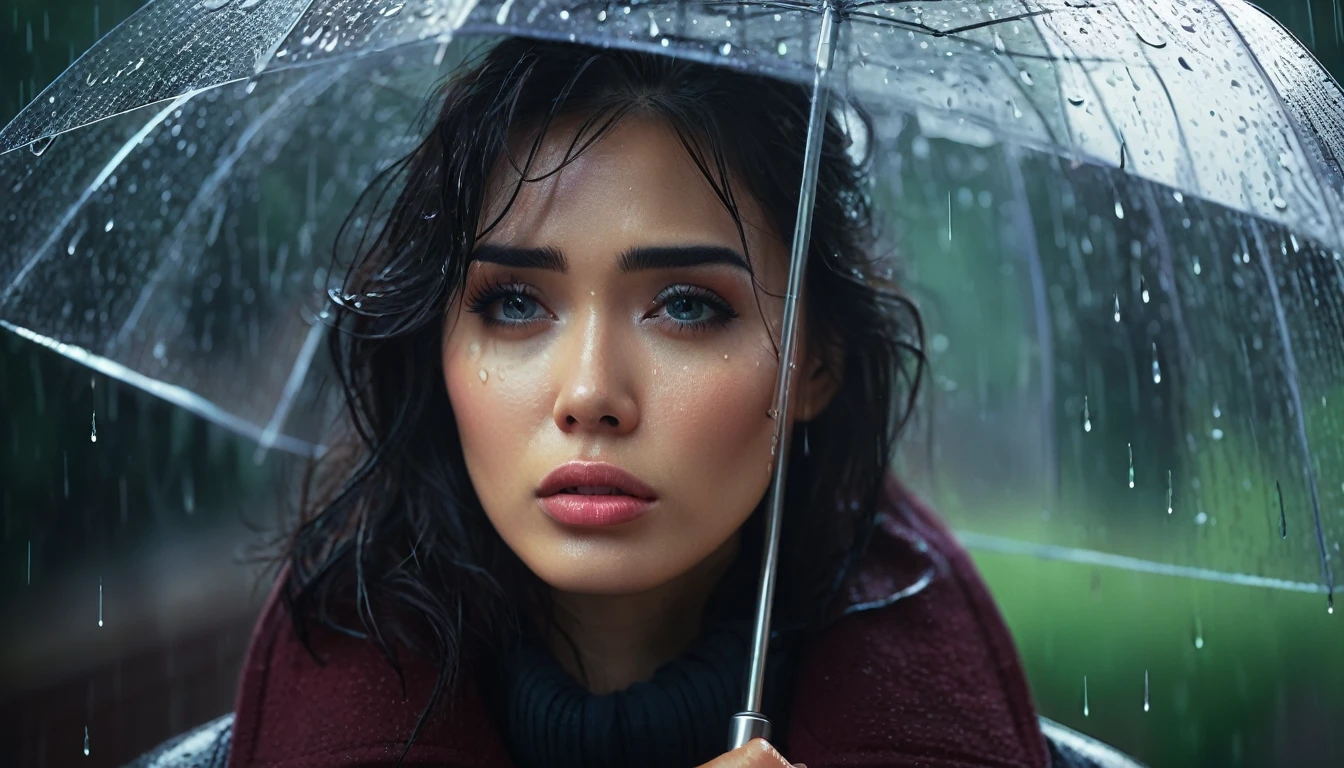 A person holding a transparent umbrella, sad face, (upper body visible), crying, ((raining)), beautiful detailed eyes, beautiful detailed lips, extremely detailed face and eyes, photorealistic, cinematic lighting, dramatic lighting, moody atmosphere, melancholic, dramatic, emotional, muted colors, overcast, rainy day, raindrop texture, depth of field, soft focus, masterpiece