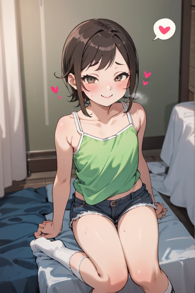 masterpiece, best quality, absurdres,
1girl, , sweating, blush, ,my room,camisole,, shorts,socks,looking viewer,smile,spoken heart,,(petite),flat chest,thigh,