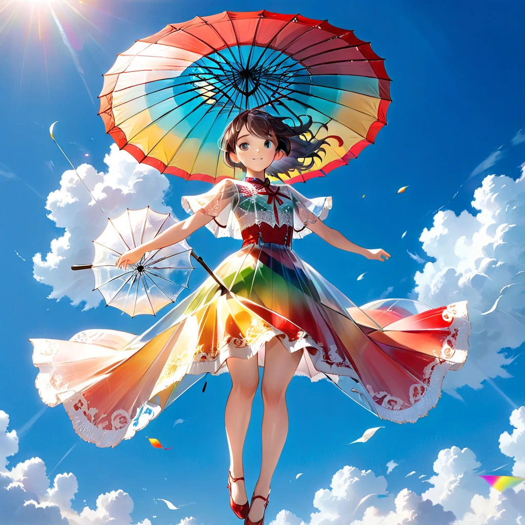 Full body portrait、(Girl floating in the air with a big colorful umbrella:1.9)、Low angle view、Blue sky background、(Highest quality、4K、8K、High resolution、masterpiece:1.2)、Super detailed、(Real、Photorealistic、Photorealistic:1.37)、（Anatomically correct body structure:1.9）、Fantasy、magical realism、dream-like、Whimsical、Bright colors、Dramatic lighting、Soft Focus、Cinematic、Intricate details、A wonderful composition、transparent