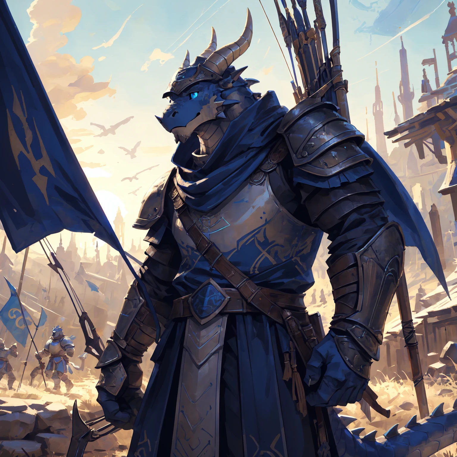 ((middle Ages:1.3,Range background:1.5)),Royal Family:1.2,((Crossbowman:1.6,Crossbow in hand:1.5)),((sunny:1.4)),high resolution,4K,(((whole body:1.1,Strike a pose:1.5))),masterpiece,high quality,((dragon)),male,dragonFurry,(teenager:1.3),hairy,((Heroic and Calm:1.4)),(((Slender face:1.2,Lean:1.2,Long legs:1.3,Thick dragon tail:1.2))),(((Gray head:1.2,Blue pupils:1.2,neck:1.3,Gray Hands:1.4,muscle:1.3))),(((White Armor:1.3,There is a blue flag on the armor:1.4))),Exquisite eyes,Detailed body,Detailed hands,Detailed feet,Kenket's Art