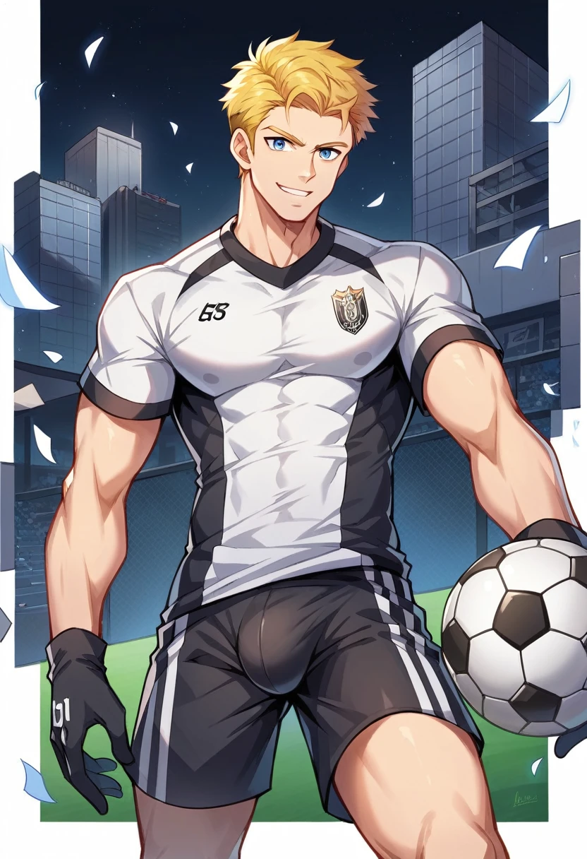 highres,wallpaper,solo,boy,1 boy,original,illustration,blue eyes,yellow hair,masterpiece,male,male focus,boy, ((masterpiece)),(((best quality))), (high-quality, breathtaking), (expressive eyes, perfect face), 1boy, solo, male, short,, on top of building, night sky, dark, buildings, wear short shorts, smirk,shorts:1.3,((black soccer uniform:1.3)),bulge:1.2,black power ranger:1.3,sentai,black ranger,erect under pants,silky shirt :1.1,male focus:1.3