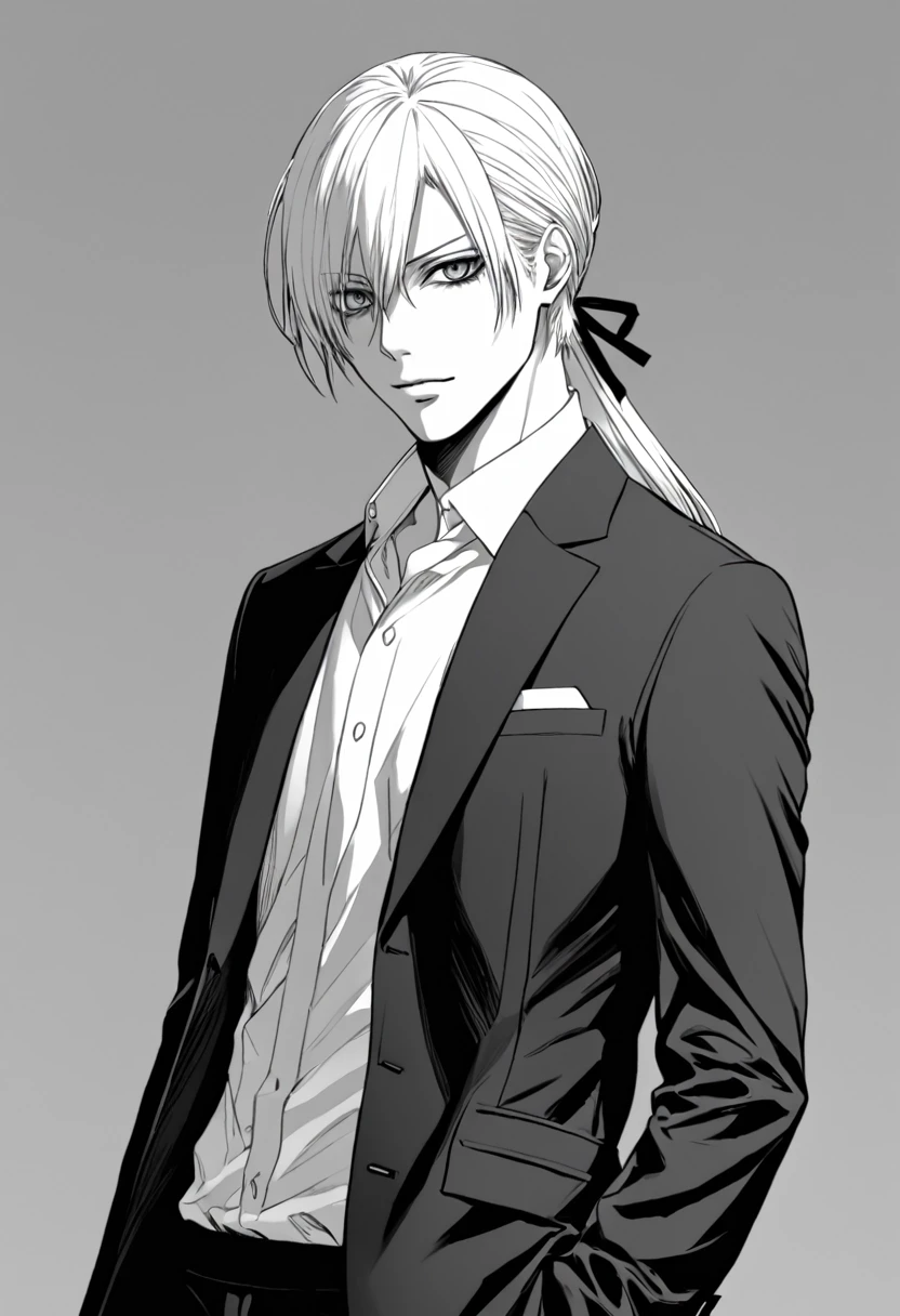 yuto-sano, 1boy, Kaneki, white hair, tied hair, long hair, long tied hair, elegant, monochrome, solo, greyscale, male focus, looking at viewer