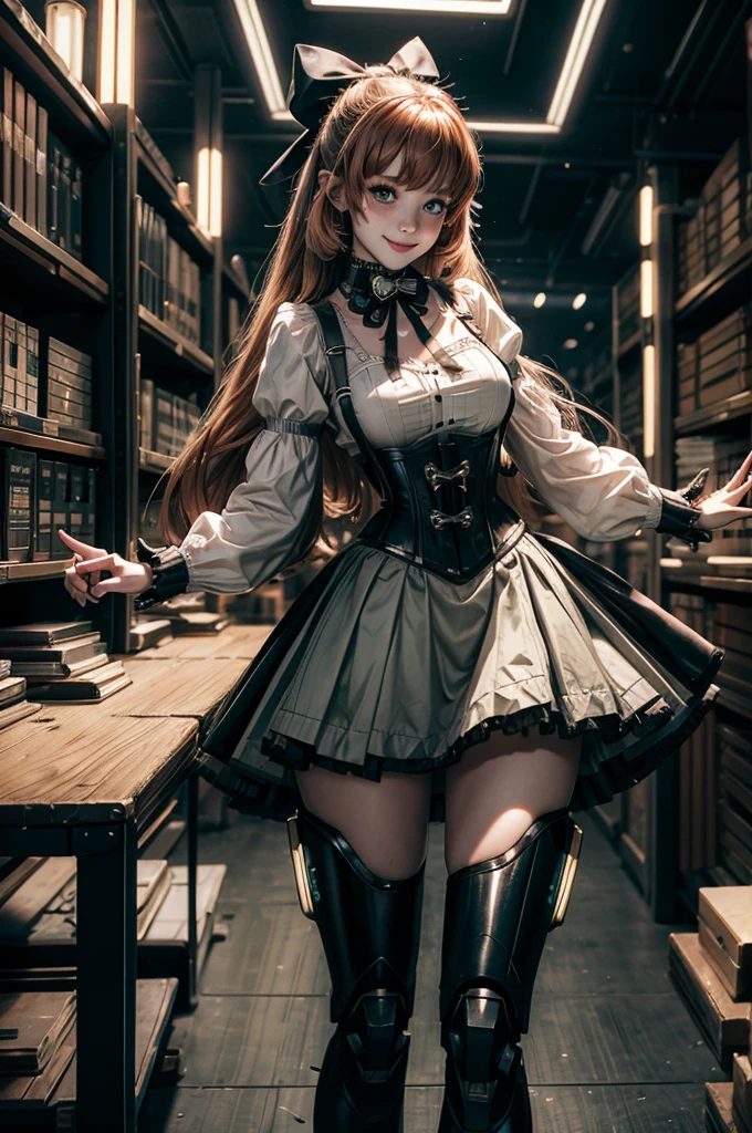 cowboy shot,  smile,  underbust, Penny Polendina, long hair, neck ribbon, suspender skirt, corset, black bow, white blouse, mechanical legs, neon trim, indoors, in cyberpunk library, crowd, (crowd wearing cyberpunk fashion)

