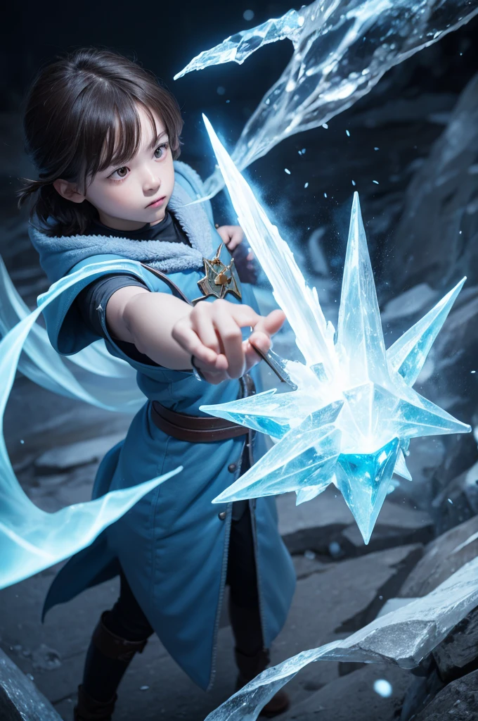 Young wizard unleashing ice powers