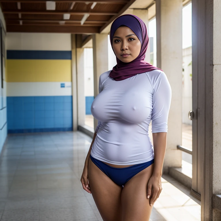 Bikini huge 52 years Old, Hijab Indonesian mature woman, Big Tits : 96.9, Long-sleeveles Shirt, Slim body, Breast about To burst out, at School Corridor, Bright light, at Daytime