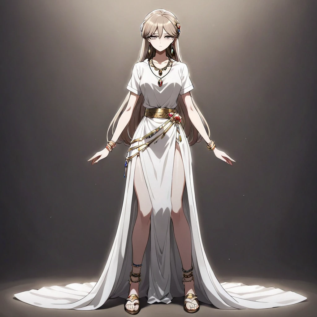 ((Highest quality)), ((masterpiece)), (detailed), （Perfect Face）、The woman is Princess Leona, with medium-long light brown hair. She is wearing a gorgeous gold, long-slit see-through dress, a see-through cape and a see-through veil, and is wearing gorgeous jeweled accessories such as a gorgeous jeweled head dress chain, a waist chain, earrings, a necklace, bracelets, and ankle bracelets.、The woman is brainwashed, expressionless, and has no highlights in her eyes.