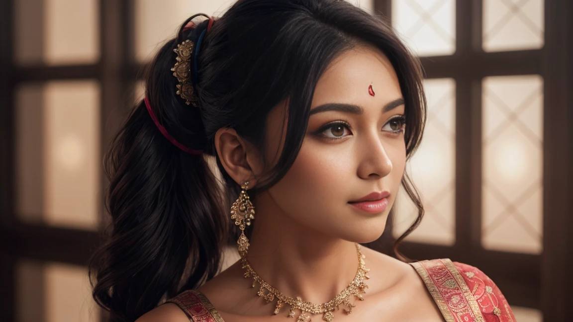 (((((((A)))))))half body of confident-looking Bangladesh woman with long and thick hair, (masterpiece, best quality:1.2), (((solo))), (((1girl))), ((looking at camera)), hazel eyes, royal and lusty look, standing posing like a professional model for a photoshoot, (((Huge Boobs))), perfect composition and light, hyper realistic skin texture, super background decorations detailed, 8k, high quality, trending art, trending on art station, photo, intricate details, highly detailed, ((((Cropped Breast Wear)))), (((Asian Ceramics background)))), (((wearing a bright colour Saree with designs and patterns with sleeves))), ((((big sexy Hour Glass body shape)))), (((Asian Ceramics background behind her))), (((Portrait Fashion Photo))), hair bobbles, wince, solid circle eyes, light smile, ear blush, fang, ccurate, makeup, hairband, dark blue hair, double bun, Surrealism, drop shadow, anaglyph, stereogram, tachi-e, pov, atmospheric perspective, glowing light, backlighting, ray tracing, image fill, anaglyph, stereogram, scanlines, speed lines, silhouette, vignetting, 8k, super detail, best quality, perfect lighting, ribbon, braided ponytail, Hyperrealism, Realism, modern, depth of field, cinematic lighting, chromatic aberration, glowing light, god rays, Fujicolor, motion lines, multiple monochrome, retina, super detail, high quality, high details, anatomically correct, looking foreword