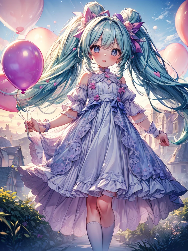 (fullbody, legs and shoes visible: 1.2)) expressive eyes, woman, pale skin, long hair, windblown hair, ((absurdly long hair)), long sidelocks, hime bangs, hair fringe, hair bun, ,cute face, big eyes,,(tiny 1girl model:1.2),)(flat chest),((very long twintails)), iridescent hair, light blue hair, blushing, full face blushing, big sparkling pastel purple eyes, (gradient eyes), open mouth smile, cute pose, ((holding balloons : 1.3))
((cute and pastel fashion)) ((🌞🥳😃🌹🌷🌳 theme : 1.4)) flowy pastel dress, ((dreamy multicolored open dress)), (floating ribbons), lavender ruffles, pink frills, (light blue lace), detached short sleeves, puffy skirt, ((rainbows and stars print skirt : 1.3)), lolita skirt, purple bows, ((pompon ribbons hair ornament : 1.4)), multiple bows, striped lace stockings, (heart shaped leg garter), cute (pastel purple) shoes ((hyperdetailed clothing and fashion)) looking at you, vintage girl, blushing, (beautiful detailed eyes), (extremely detailed CG unity 8k wallpaper) (best shadow), ((an extremely delicate and beautiful)), (detailed light), ((depth of field)) big head, big sparkling eyes, moe, splash art, cinematic lighting, frontal view, volumetric lighting maximalist photo illustration 64k resolution high res intricately detailed complex key visual precise linear
((in the dreamy pastel sky background, surrounded by sunset clouds, shooting stars, castles in the clouds)) ((hyperdetailed scenery, foggy clouds, suspended by balloons, hearts : 1.3))