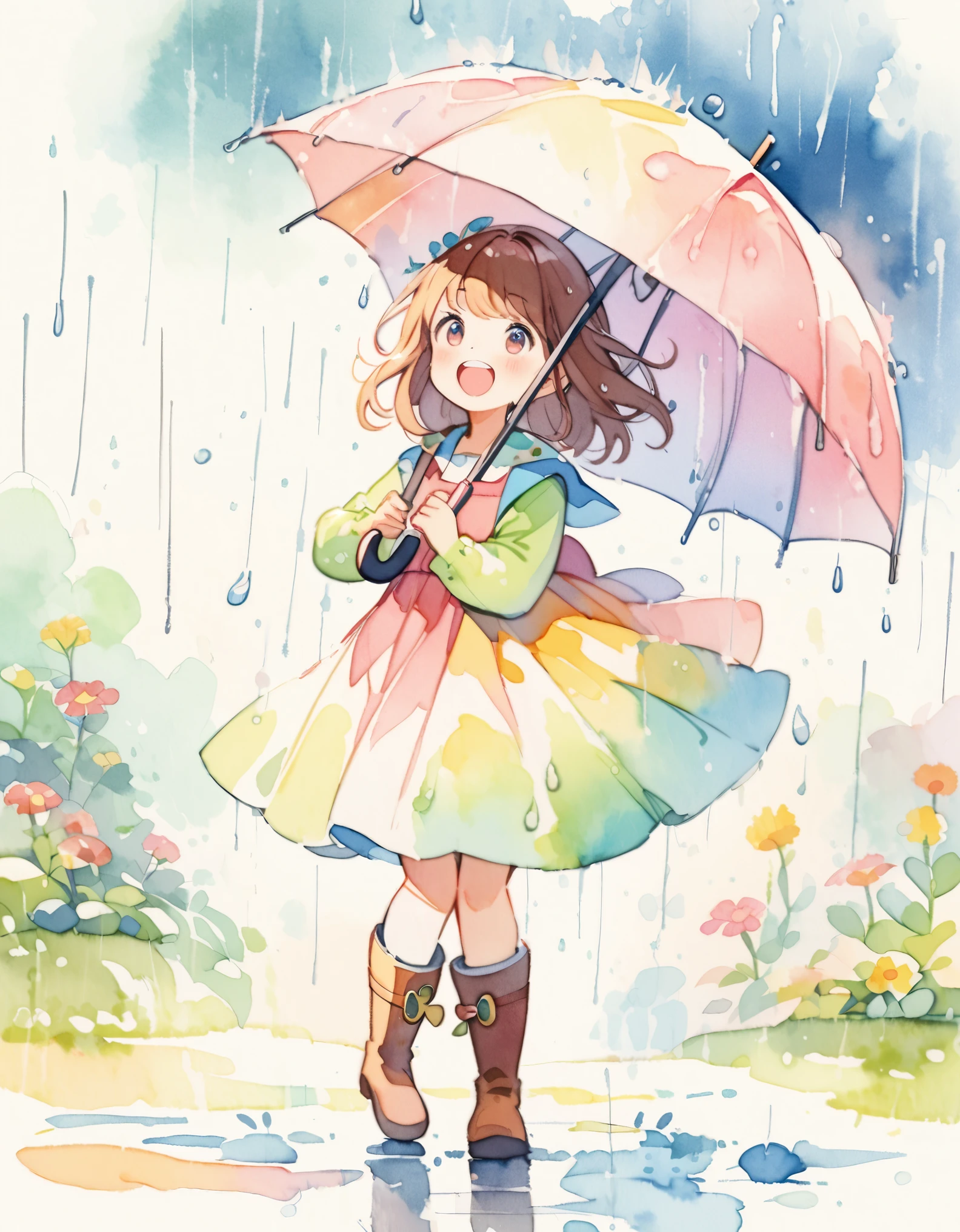 Beautiful girl holding an umbrella, A girl having fun in the rain, ((Wearing boots)), sing, content:watercolor. style:Whimsical and delicate, Like an illustration in a children&#39;s book.