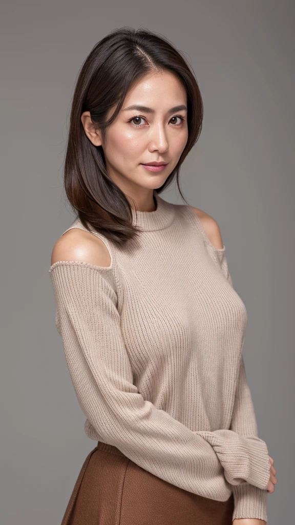 high resolution, High level of image quality, High Detail, masterpiece, Textured Skin, Anatomically correct, sharp, Gray background((Japanese Mature, 30 years old)), solo, ((Wrinkles on the face)), Breasts that are full and well-shaped, Light Brown Straight Hair，Shoulder length, Chubby body (((Stand facing the center of the screen))), Shut up，Look straight ahead seriously, sweater, skirt, ((Cowboy shooting)),