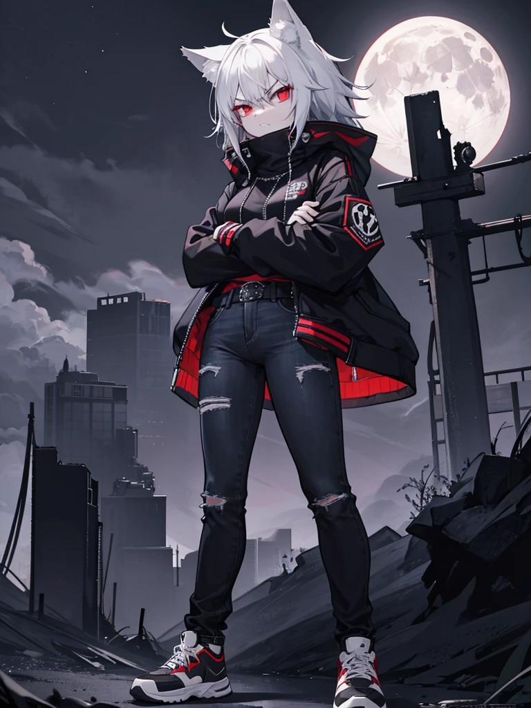 Wolf, tough, crossed arms, standing, emo, angry, night time, nightmare, goth, tomboy, moon background, black, dark red, dark red eyes, long gray wriped jeans, black and white sneakers, wearing her jacket around her waist, sharped teeth