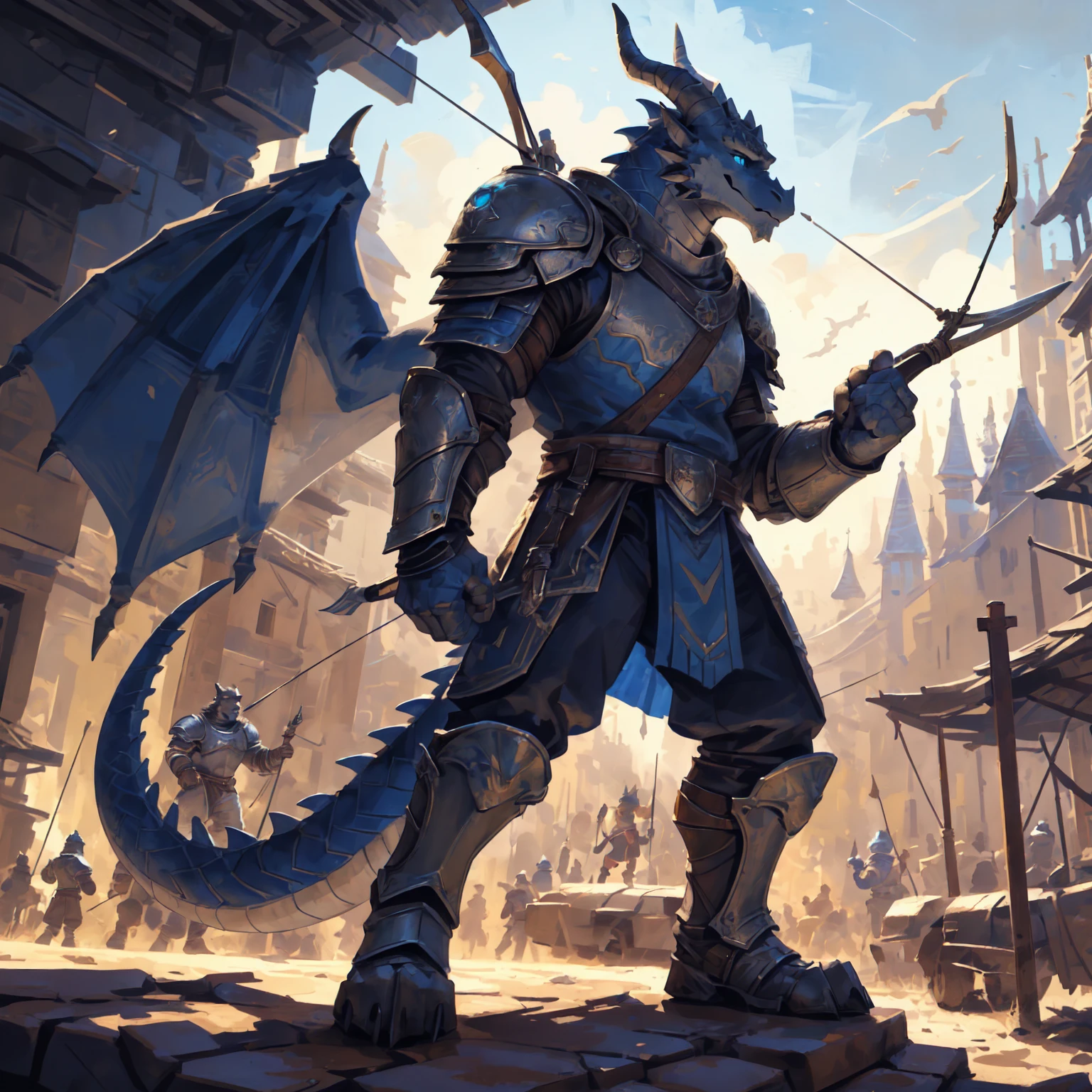 ((middle Ages:1.3,Range background:1.5)),Royal Family:1.2,((Crossbowman:1.6,Crossbow in hand:1.5)),((sunny:1.4)),high resolution,4K,(((whole body:1.1,Strike a pose:1.5))),masterpiece,high quality,((dragon)),male,dragonFurry,(teenager:1.3),hairy,((Heroic and Calm:1.4)),(((Slender face:1.2,Lean:1.2,Long legs:1.3,Thick dragon tail:1.2))),(((Gray head:1.2,Blue pupils:1.2,neck:1.3,Gray Hands:1.4,muscle:1.3))),(((White Armor:1.3,There is a blue flag on the armor:1.4))),Exquisite eyes,Detailed body,Detailed hands,Detailed feet,Kenket's Art
