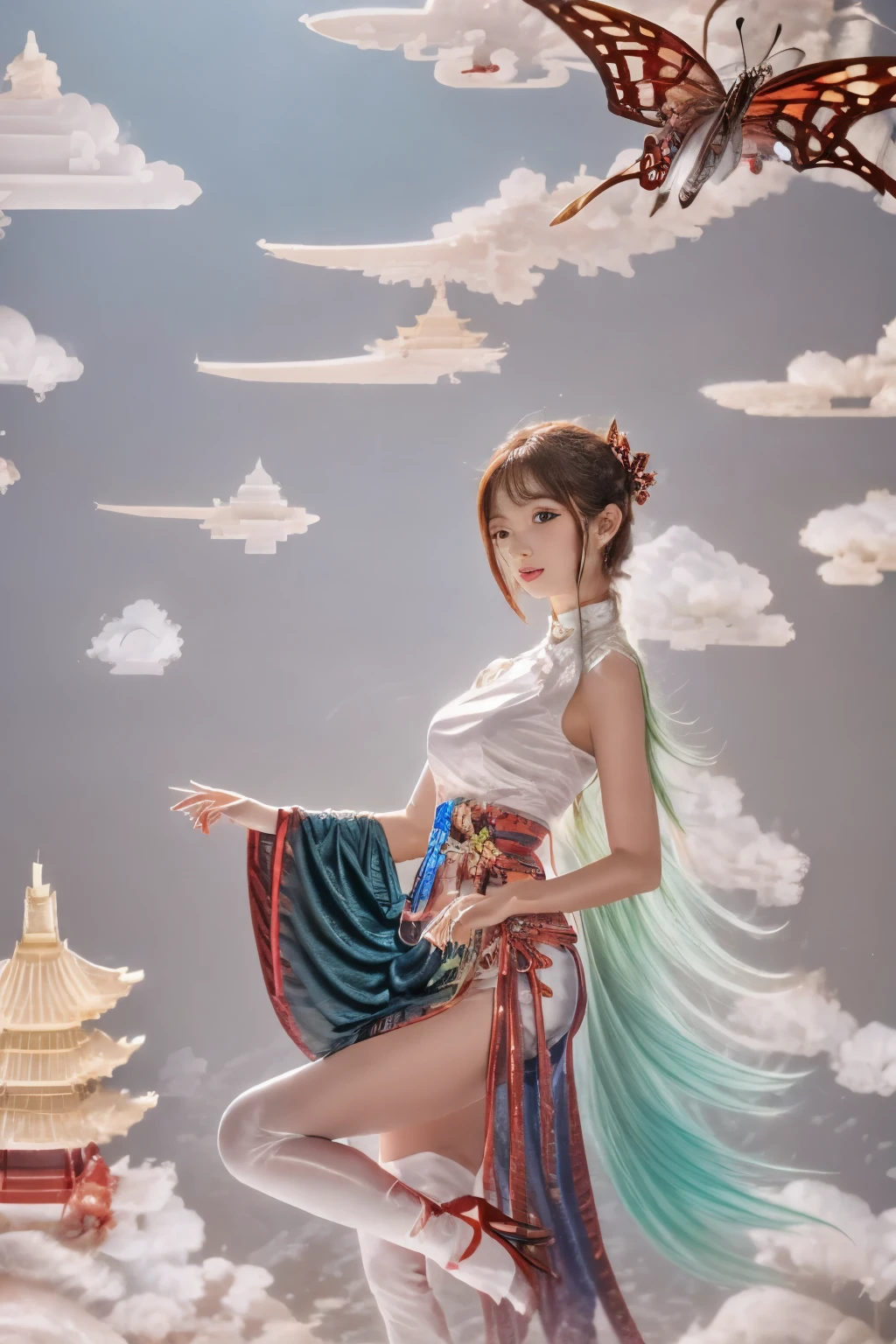 1girl,，pagoda，cloud,Butterfly