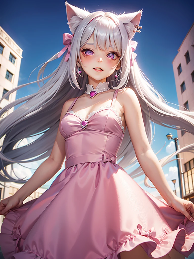 Silver hair, pink eyes, body, cat ears, girl, earrings, sky background fantasy, princess, godly, hair bows, happy face, pink red dress