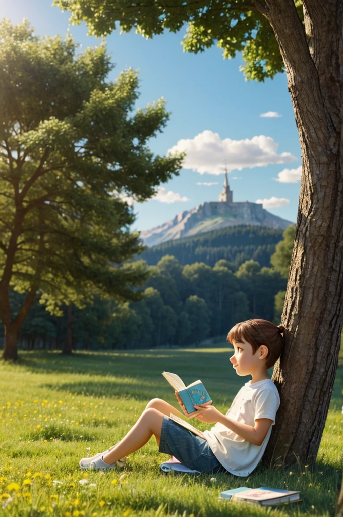 A cartoon character in the style of Disney + Pixar,A cute, living milk carton was sitting and reading a book, leaning against a tree in the middle of a beautiful meadow, with the sun above his head.