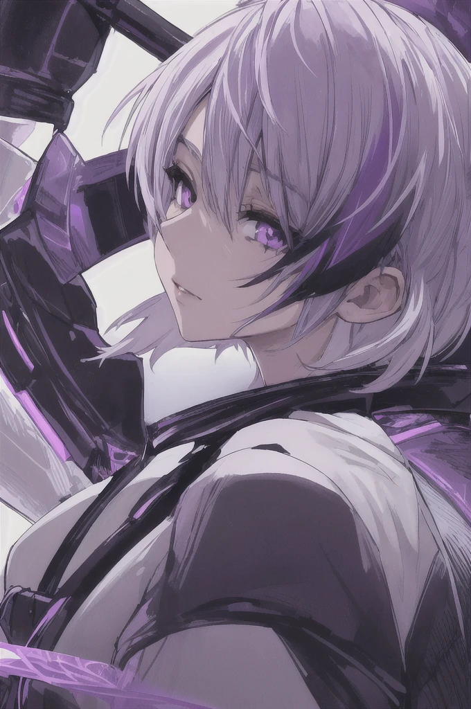 girl with short white hair, purple eyes, black short dress with purple lighting around her, highly detailed high contrast hd masterpiece of best quality in high resolution