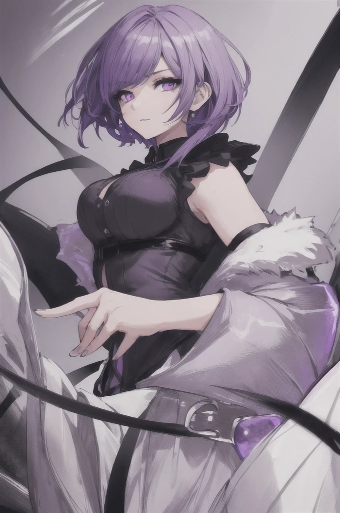 girl with short white hair, purple eyes, black short dress with purple lighting around her, highly detailed high contrast hd masterpiece of best quality in high resolution
