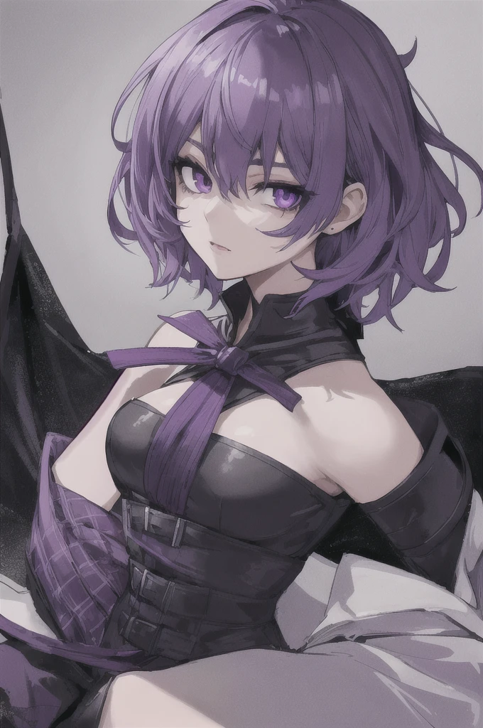 girl with short white hair, purple eyes, black short dress with purple lighting around her, highly detailed high contrast hd masterpiece of best quality in high resolution