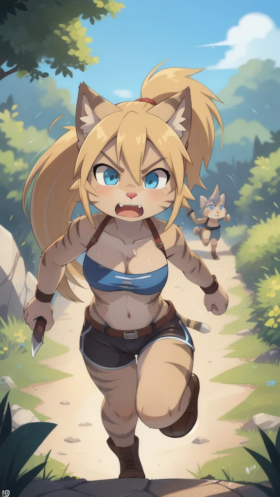 score_9,score_8_up,score_7_up, source_cartoon, source_furry, Kat, Anthro furry feline girl, tall body, hourglass figure, adult female, blue eyes, :3, snout, pink nose, silver furry body, grey tabby cat stripes, long blonde hair, hair in a ponytail, wearing blue bandeau, brown short shorts, brown boots, leather straps accessories, holding two knives, Naruto running, running towards viewer, angry expression, glowing blue eyes, outdoors, from above, dynamic action shot, speed lines, motion blur, hands behind back, Birds Eye view