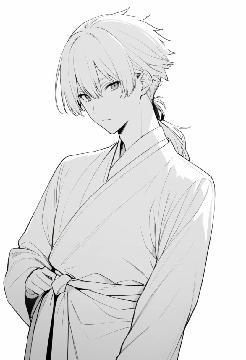 yuto-sano, 1boy, Kaneki, white hair, tied hair, long hair, long tied hair, elegant, monochrome, solo, greyscale, male focus, looking at viewer