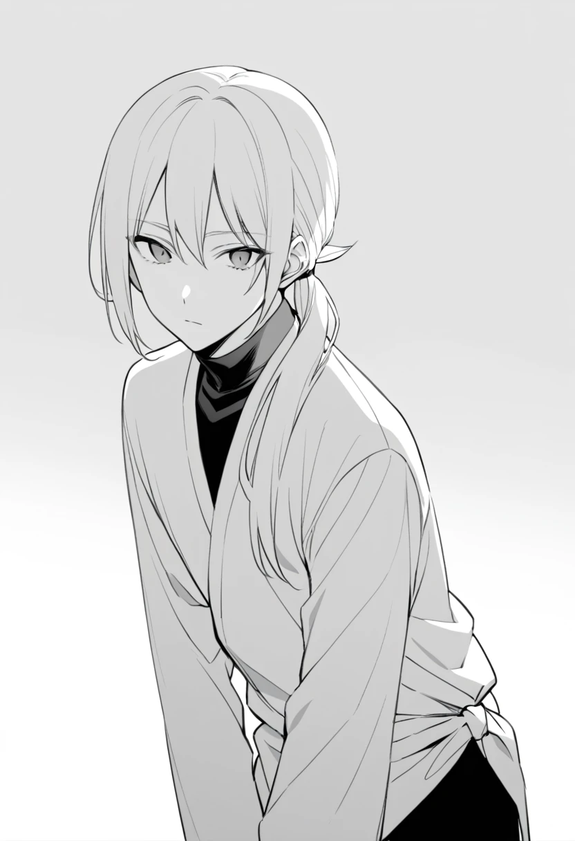 yuto-sano, 1boy, Kaneki, white hair, tied hair, long hair, long tied hair, elegant, monochrome, solo, greyscale, male focus, looking at viewer