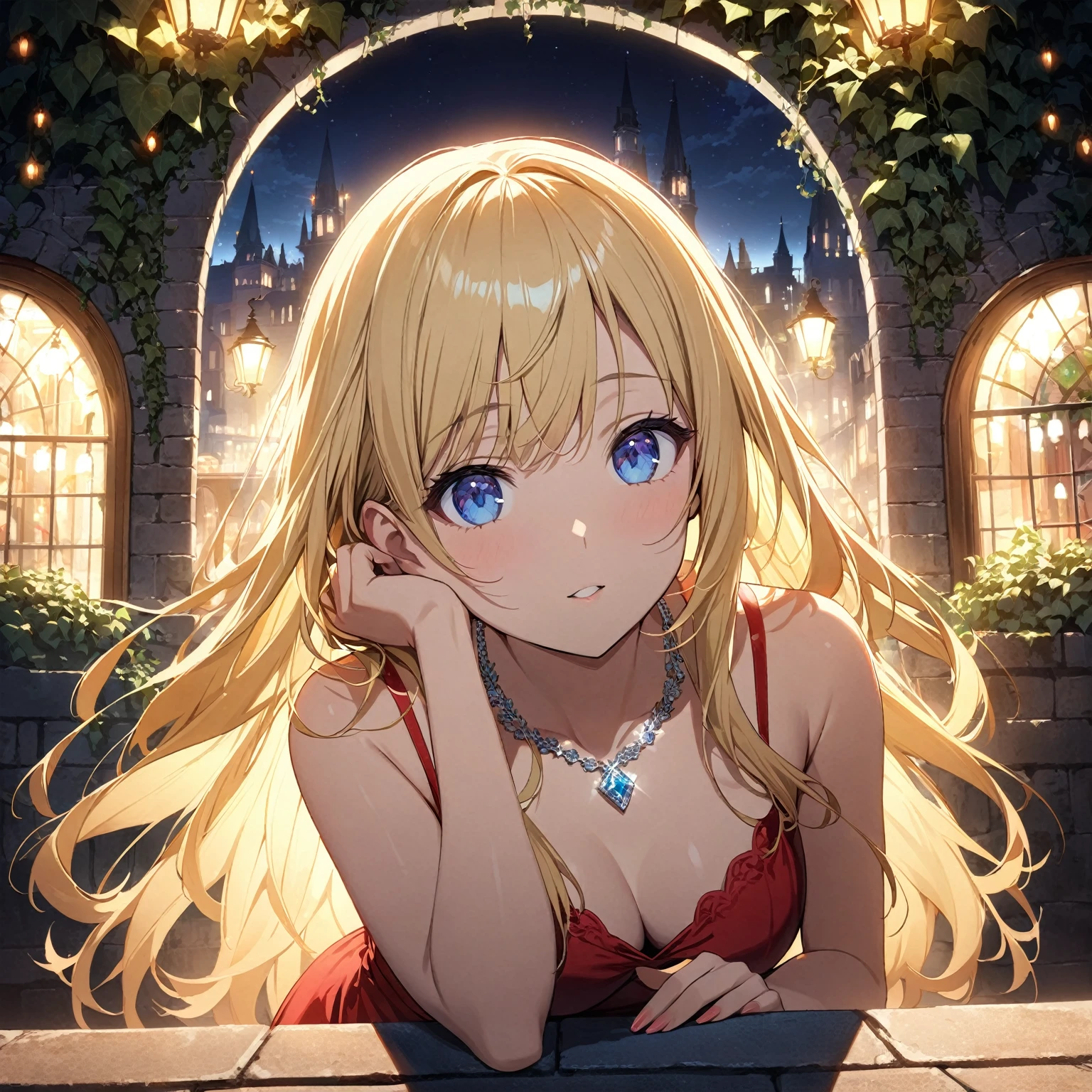 1girl、Blonde、Red dress、blue eyes、diamond necklace、night、terrace、ivy、Ramparts、The lights of the party venue behind、deep shadows、spot light、ultra-detailed、
